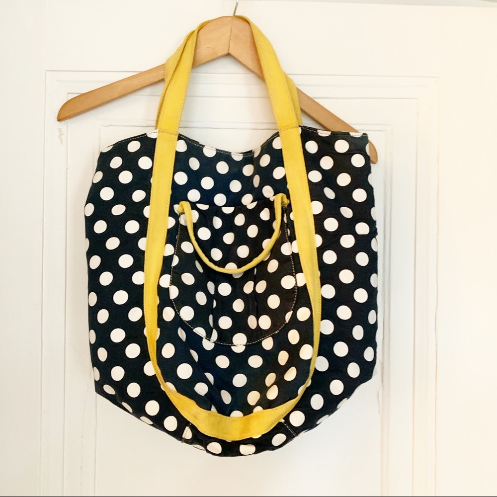 J. Crew Blue And White Polka Dot Tote Gold Trim